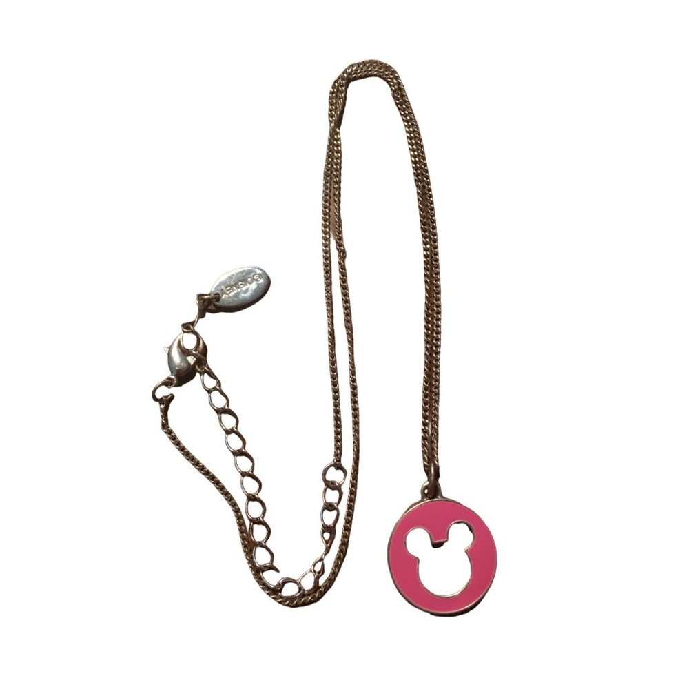 VERY RARE Disney Mickey Mouse Cutout Necklace In Silver w/ Pink Enamel Circle Pe
